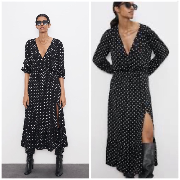 Zara Dresses & Skirts - NEW ZARA polka dot midi dress with front slit small